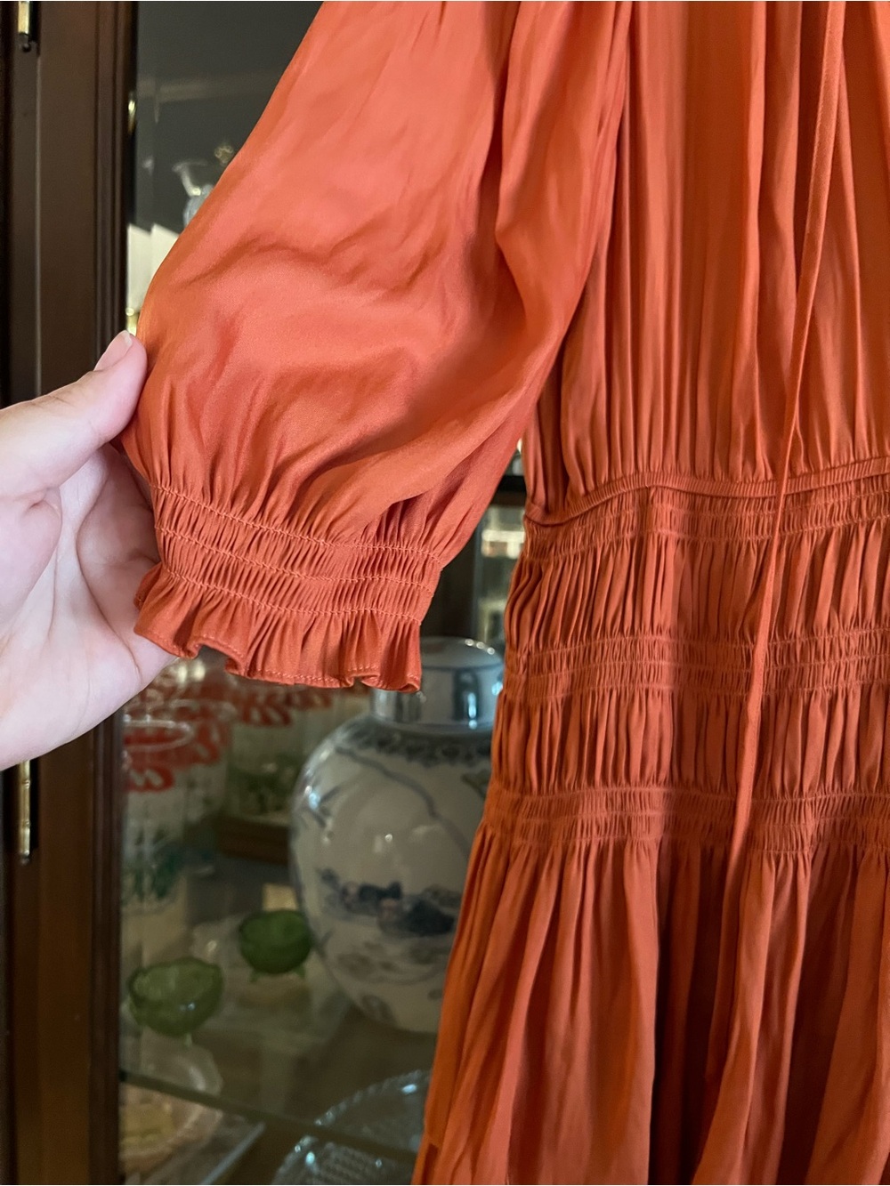 Maje Radjinette tiered satin rust dress - Picture 8 of 9